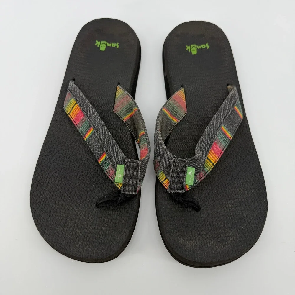 Sanuk Flip Flops Mens 11 Black Multi Striped Yoga Mat Sandals Surfer Boho Hippy